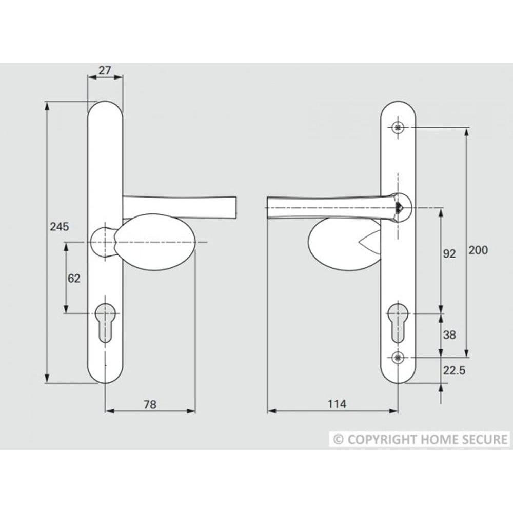 UPVC door handle lever pad model D76 with keyhole, shown with detailed dimensions for installation and use.