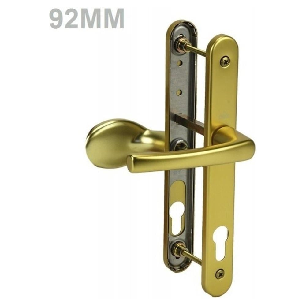 Gold UPVC door handle lever pad D76 with 92mm backset, featuring a curved lever and keyhole on both plates.