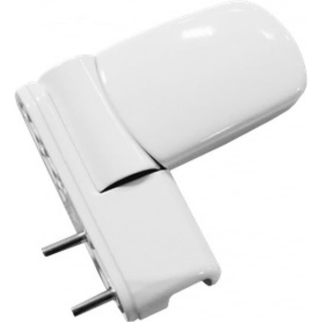 A white UPVC mini 3D door flag hinge with a simple design and two screw holes for mounting.