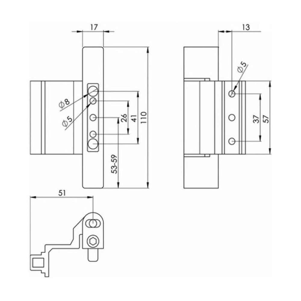 Technical drawing UPVC Rebated Butt Door Hinge with dimensions of a mechanical component, showing front, side, and bottom views.