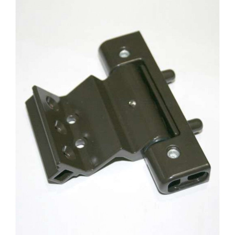 Black metal gate hinge assembly with integrated mounting bracket and two hinge pins, featuring multiple screw holes for secure attachment to a gate or frame.