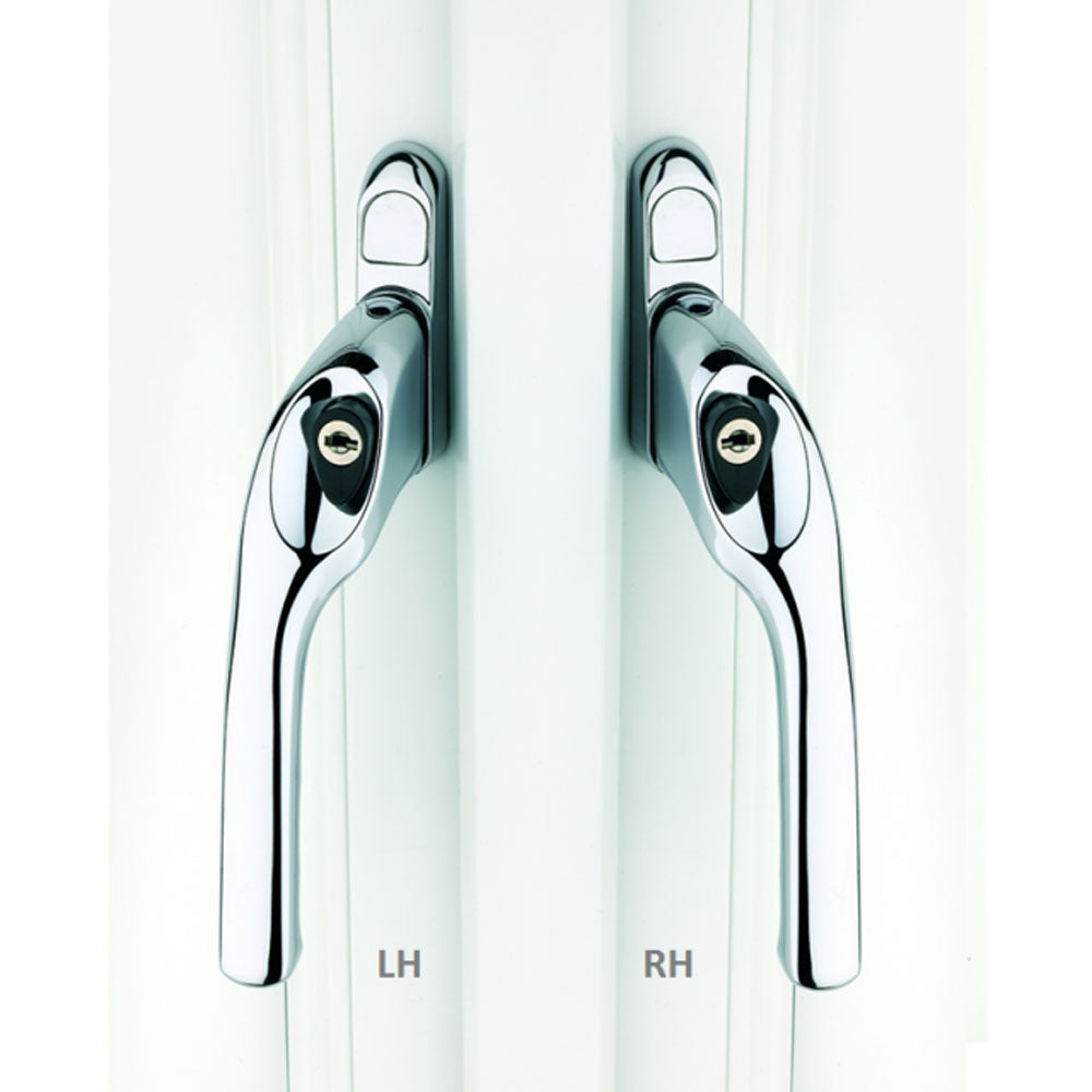 A pair of chrome-plated uPVC window handles with a keyhole, marked LH and RH to indicate left and right-handed models.