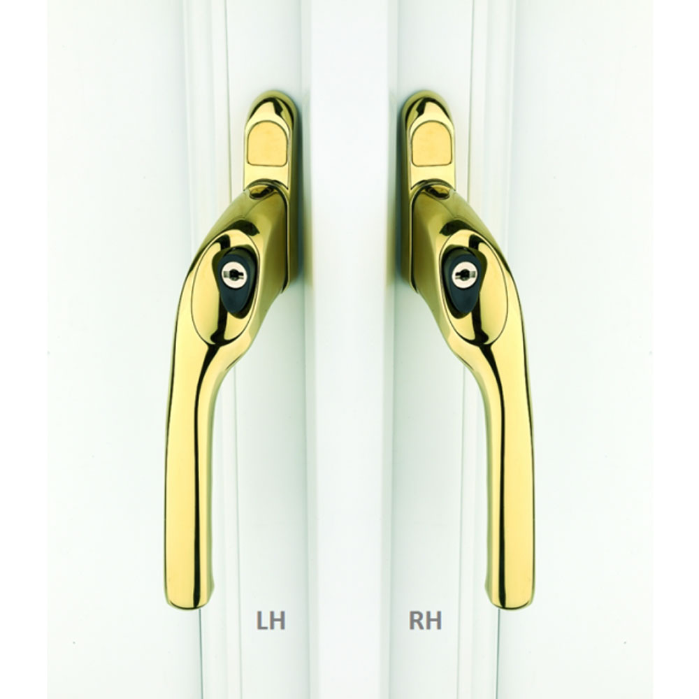 A pair of gold-colored UPVC window handles with a polished finish, installed on a white frame. The handles are marked 'LH' and 'RH' to indicate left and right-handed configurations.