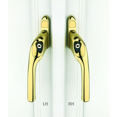 A pair of gold-colored UPVC window handles with a polished finish, installed on a white frame. The handles are marked 'LH' and 'RH' to indicate left and right-handed configurations.