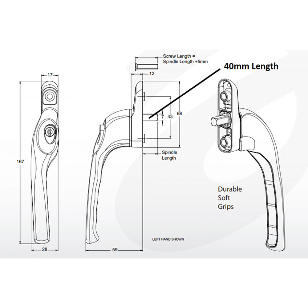 Technical diagram of Affinity cranked espag uPVC window handle with dimensions and labeled parts, including spindle length and soft grip handle design.