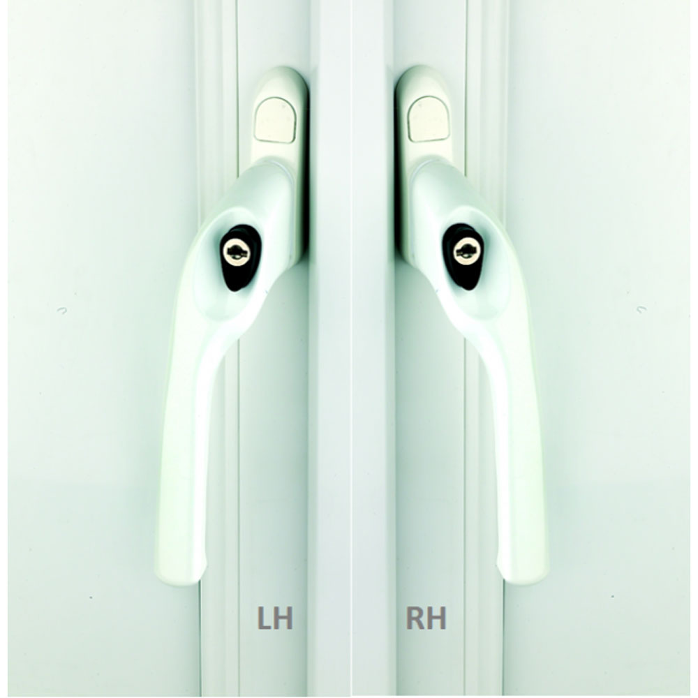 A pair of white UPVC window handles with a keyhole, marked 'LH' and 'RH' to indicate left and right-handed configurations.