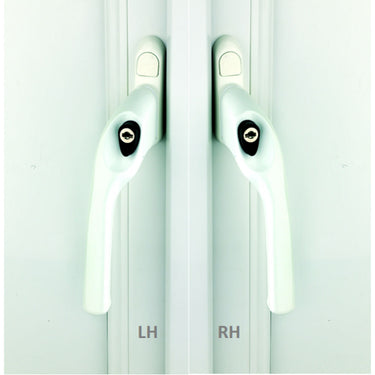 A pair of white UPVC window handles with a keyhole, marked 'LH' and 'RH' to indicate left and right-handed configurations.
