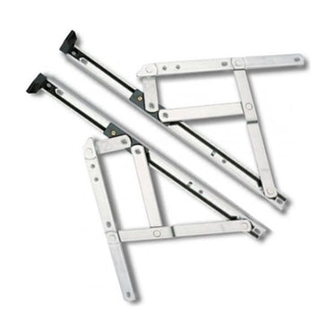 A pair of silver UPVC window hinges with friction stays, displayed against a white background.