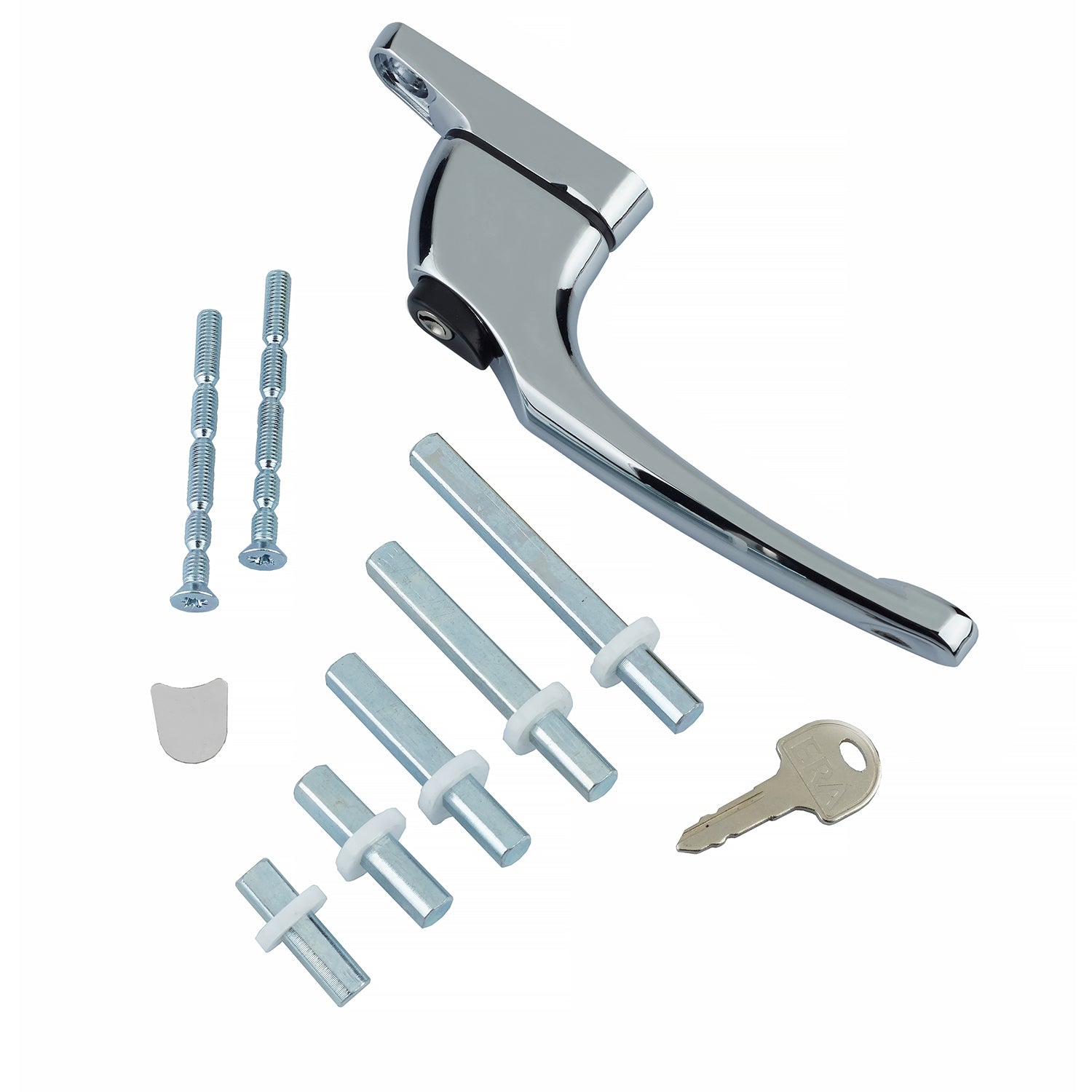 Chrome window handle replacement kit including a lockable chrome handle, key, screws, and multiple spindle sizes with white washers for uPVC windows