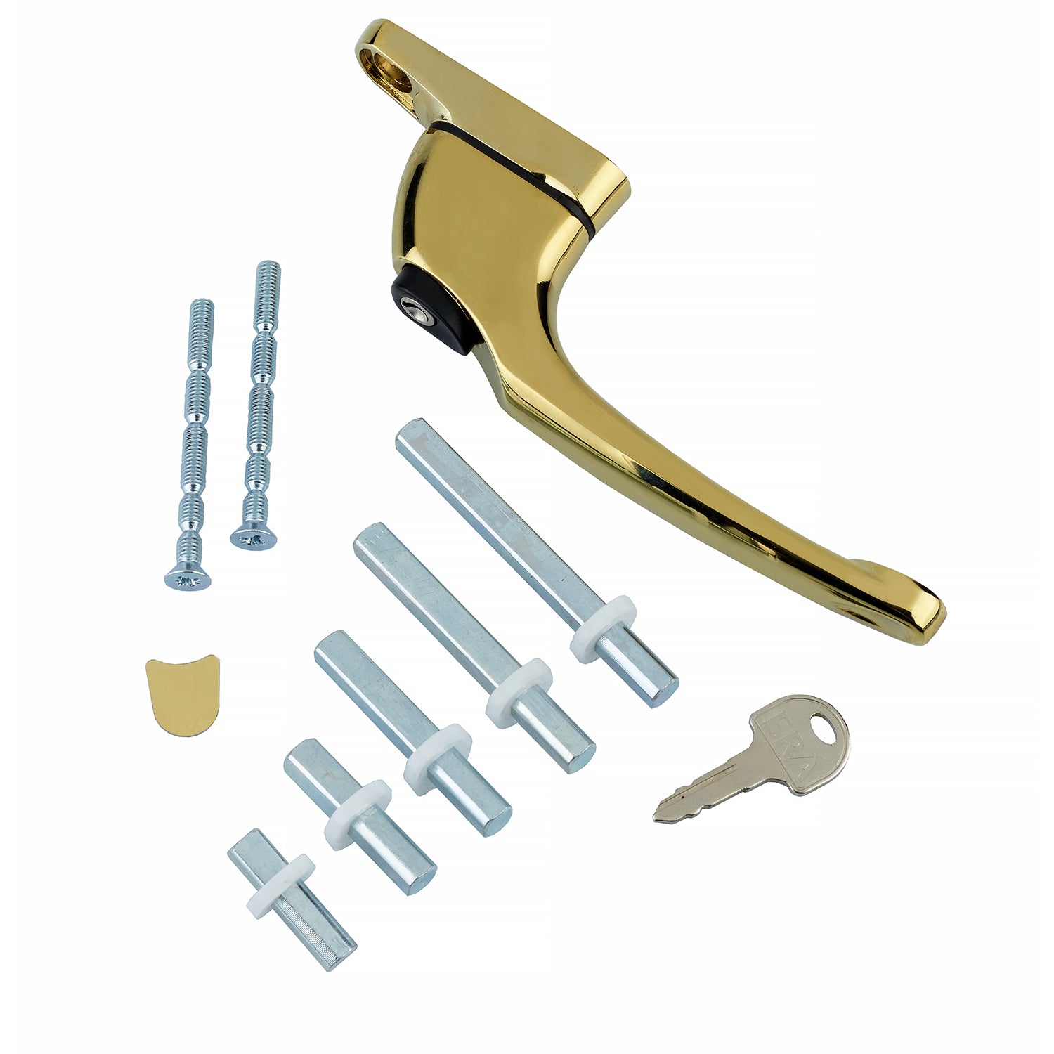 Gold window handle replacement kit including a lockable gold handle, key, screws, and multiple spindle sizes with white washers for uPVC windows