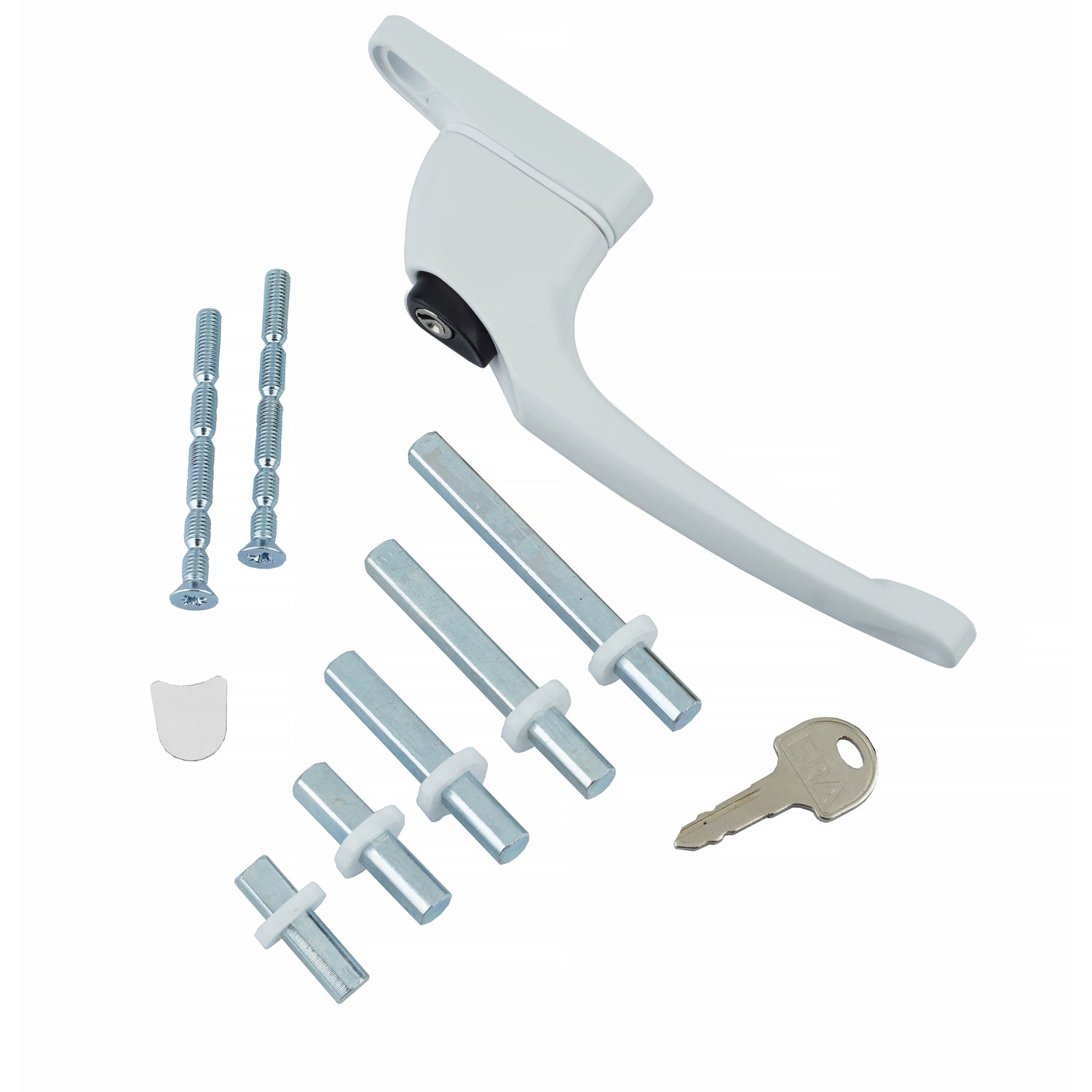 White window handle replacement kit including a lockable white handle, key, screws, and multiple spindle sizes with white washers for uPVC windows