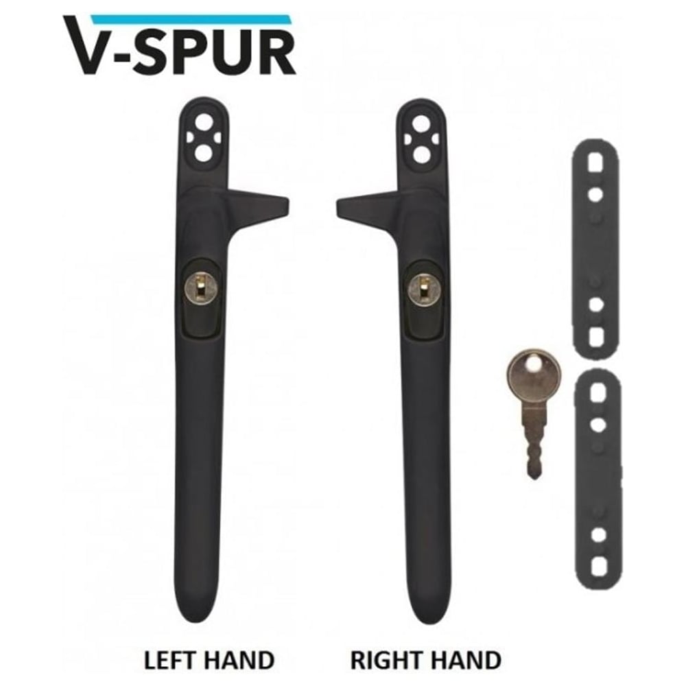 Black VERSA Cockspur Repair uPVC Window Handles in left and right hand versions, shown with key and adjustable packers for universal fitting.