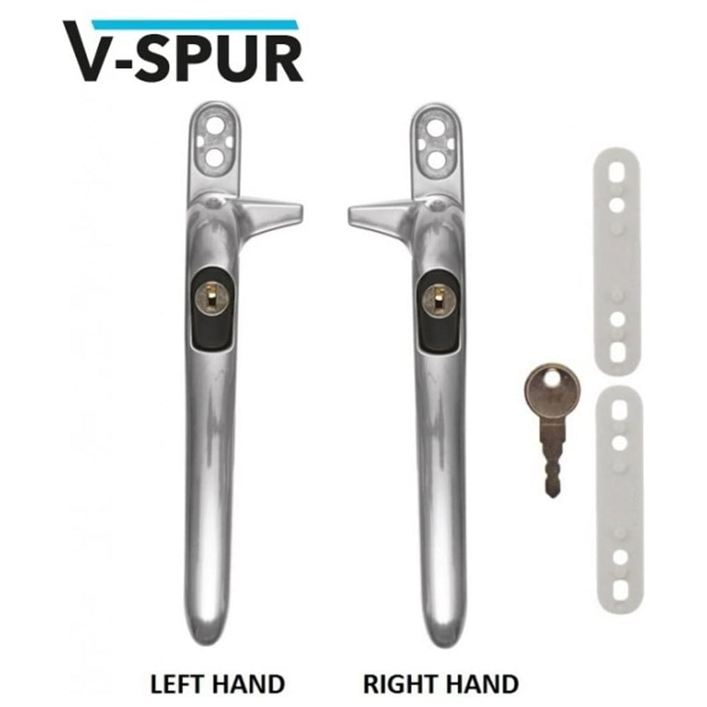 Two VERSA cockspur window handles, one for left hand and one for right hand, in polished chrome finish, along with a key and screw cover cap. The handles have a silver color and are shown with their respective backplates.