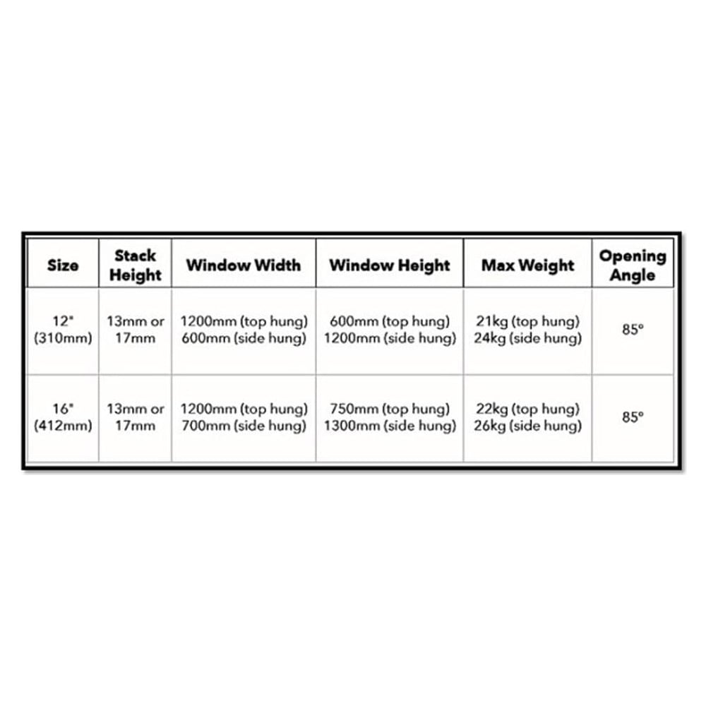 Specification table for VERSA Egress Easy Clean uPVC Window Hinges showing sizes, stack heights, window dimensions, max weights, and opening angles.
