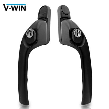 A pair of black uPVC window handles with spindles and a key, against a white background.