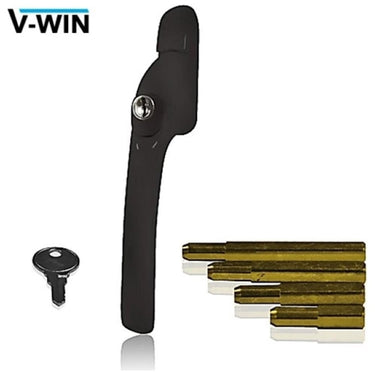A black VERSA Inline Retro-fit Espag uPVC Window Handle with a magnetic spindle system, accompanied by a key and cover plate.