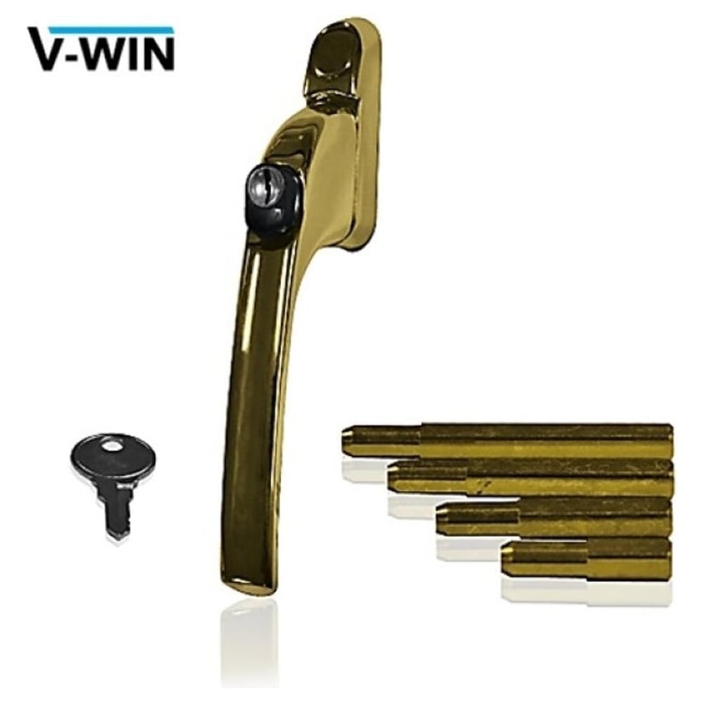 Gold uPVC window handle with a magnetic spindle system, accompanied by a key and cover plate.
