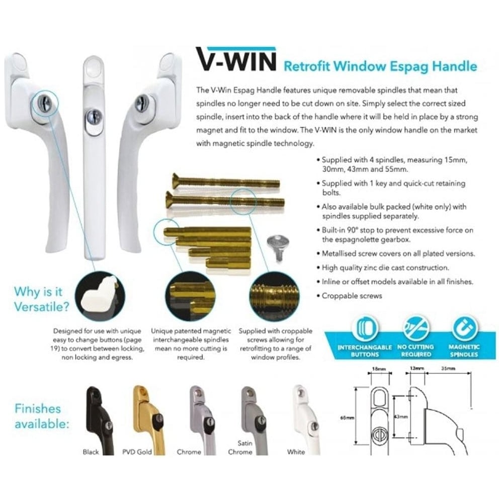 VERSA V-WIN Retrofit Window Espag Handle with magnetic spindles, multiple finishes, interchangeable buttons, and detailed product features and dimensions.