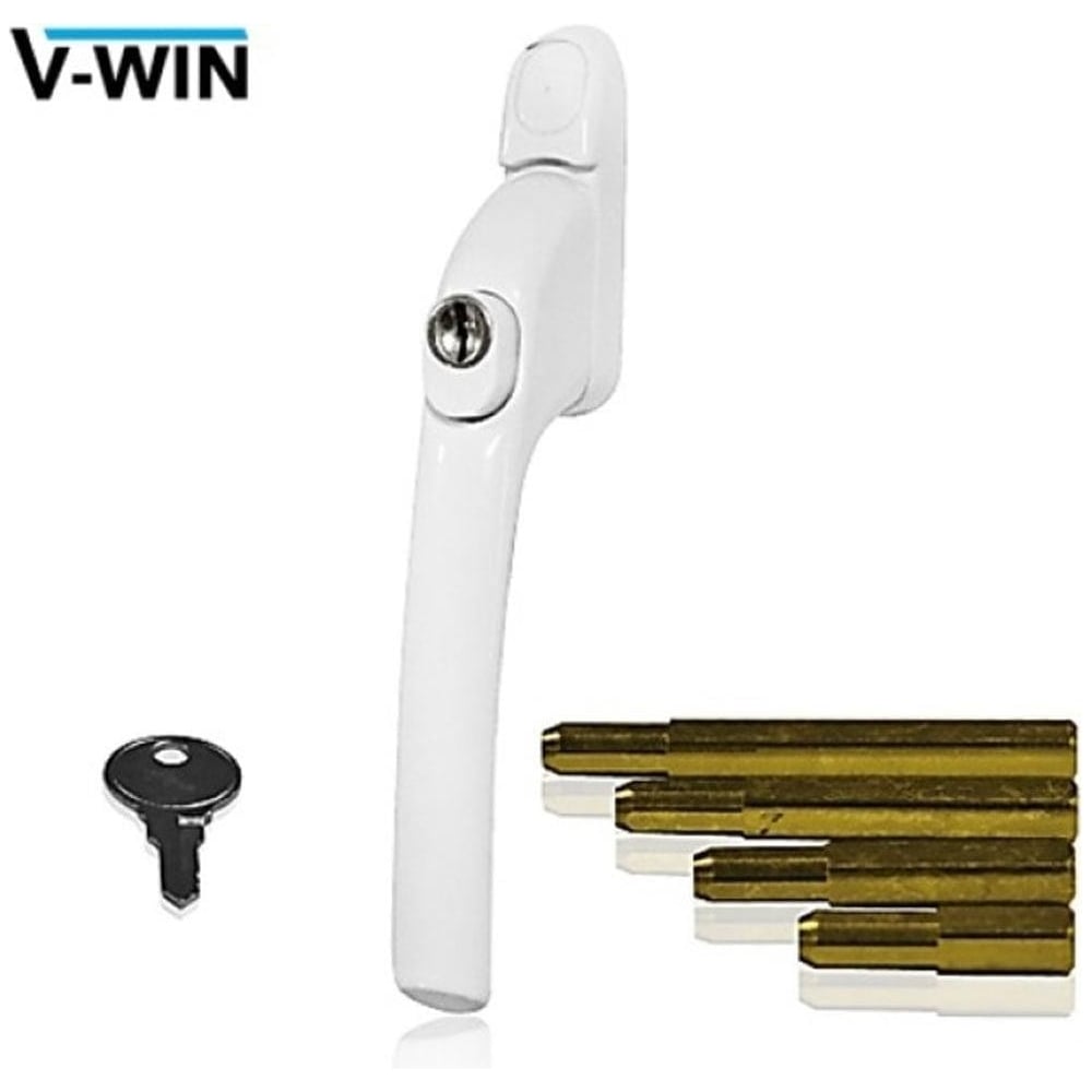 uPVC window handle in white with a key and multiple spindles, against a white background.