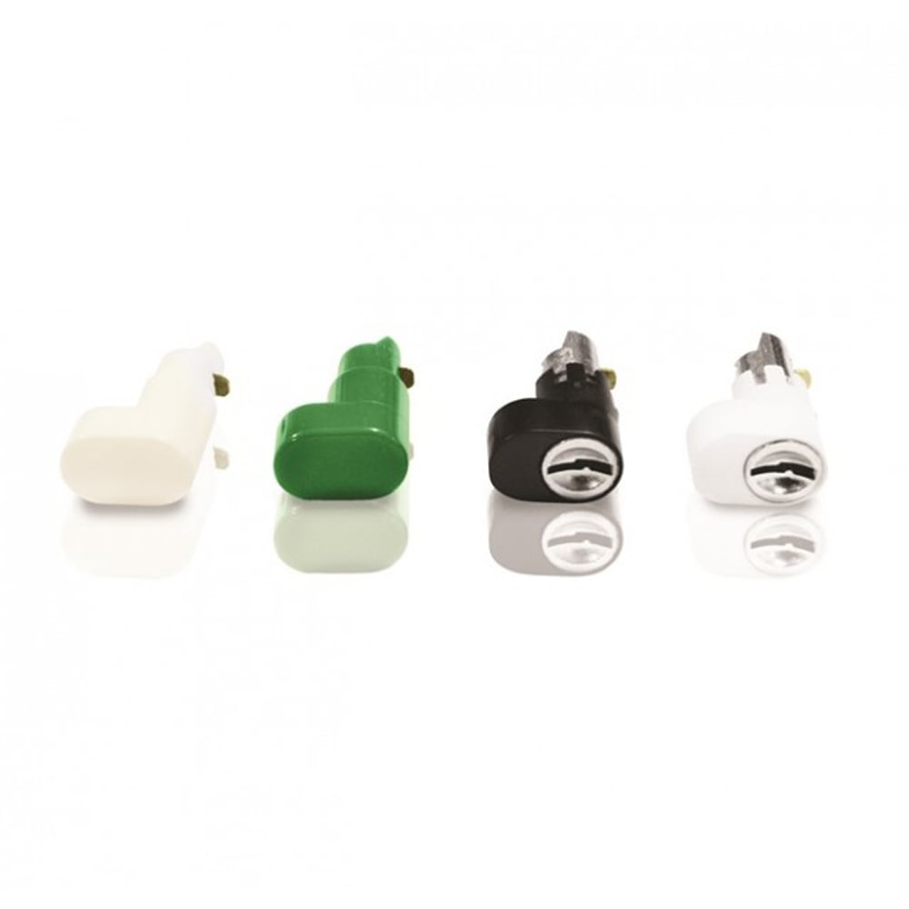 Three VERSA window handle buttons in white, green, and black colors, designed for easy conversion to non locking, egress, and black buttons.