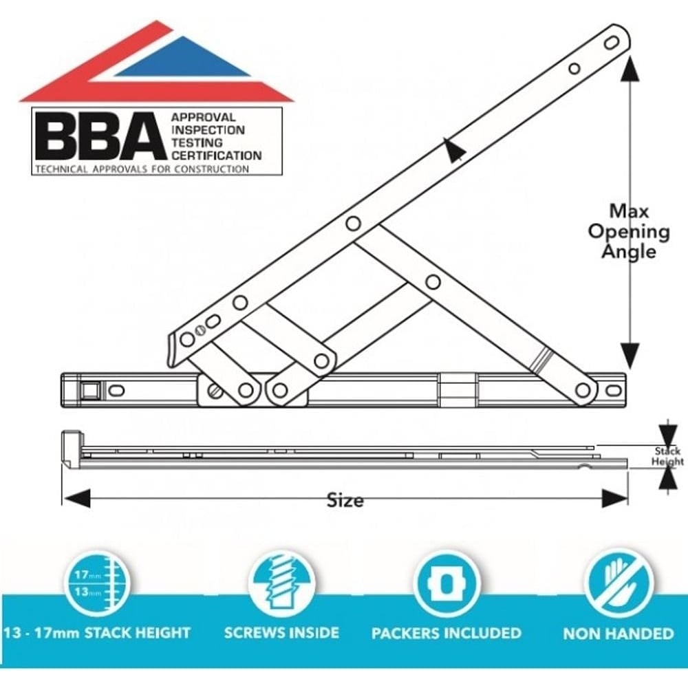 Technical drawing of a window stay hinge showing max opening angle, stack height (13-17mm), and size dimensions.