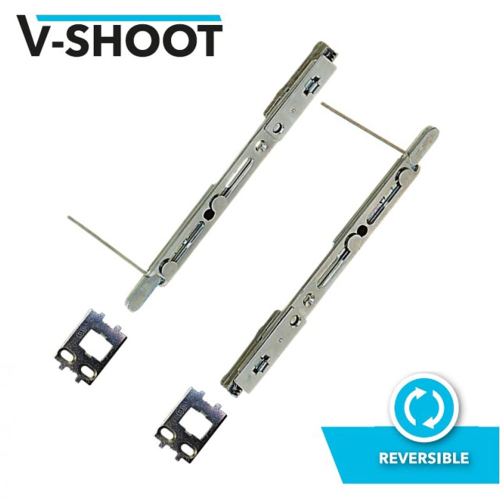A pair of VERSA shootbolts for multipoint door locks, showing the metallic components and mounting keeps, with a label indicating 'Reversible'.