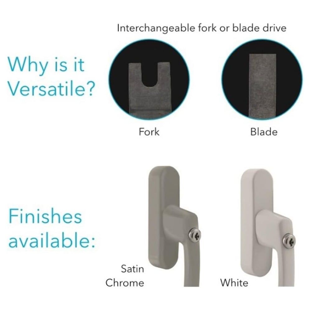 VERSA Universal Locking Blade Fork Espag Drive Handle with interchangeable fork or blade drives, available in satin chrome and white finishes.