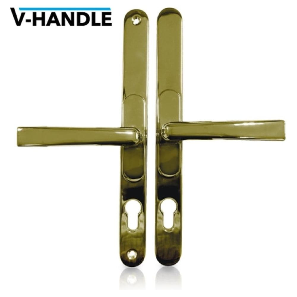 uPVC door handles with a PVD gold finish, featuring a vertical alignment and two keyhole slots on the backplate.