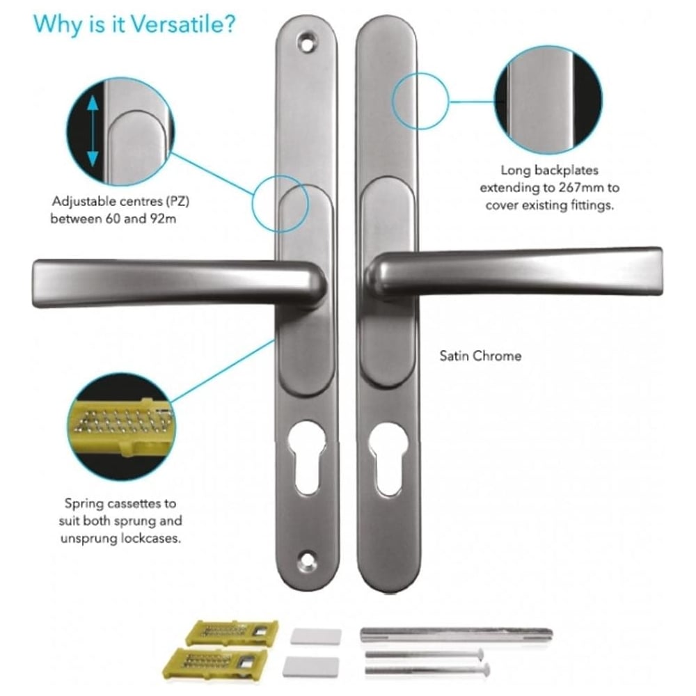 VERSA Universal uPVC Door Handles in satin chrome with adjustable PZ (60–92mm), long backplates, and spring cassettes for various lock types.