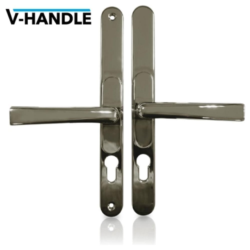 A pair of VERSA Universal uPVC Door Handles in Polished Chrome finish, showing the handle and keyhole on a clear background.
