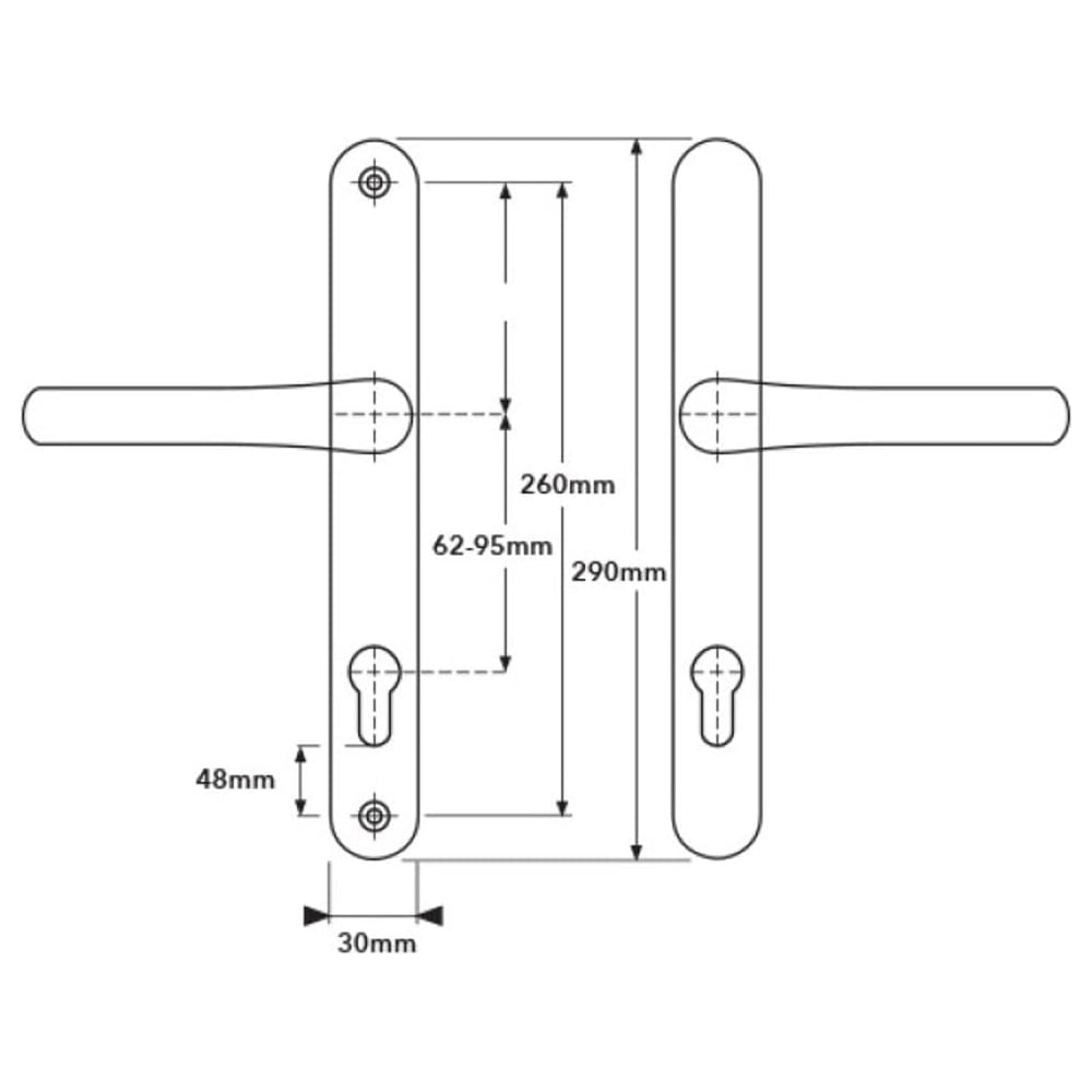 Technical drawing of Versa universal uPVC door handle set with backplate dimensions. Key measurements include 290mm total height, 260mm screw spacing, 62–95mm keyhole to handle spacing, 48mm from keyhole to bottom, and 30mm backplate width.