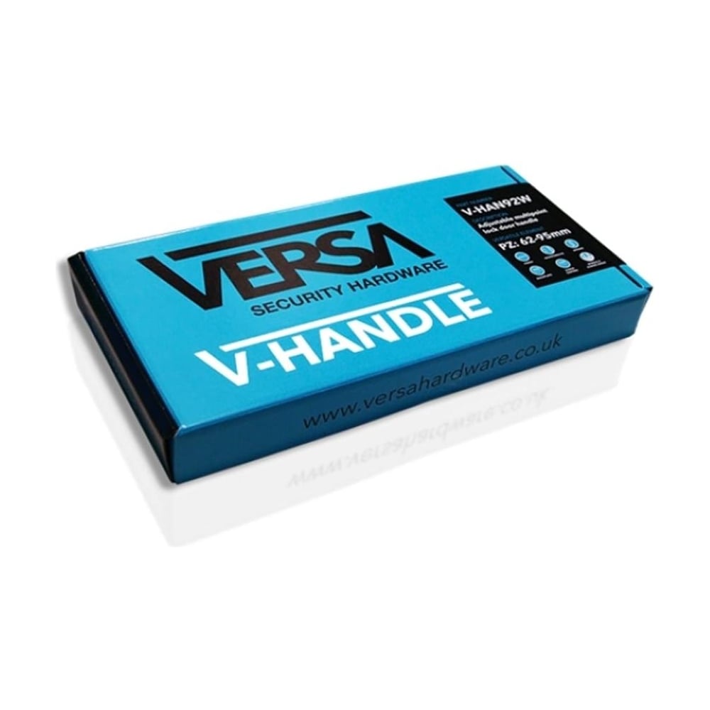 Blue retail box labeled "VERSA Security Hardware V-HANDLE" with website URL www.versahardware.co.uk printed at the bottom.