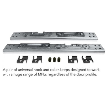 A pair of universal hook and roller keeps for multipoint door locks, with various packers and grub screws, displayed on a white background.