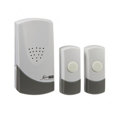 A wireless door chime kit with one receiver and two push buttons in white color with a gray accent.