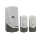 A wireless door chime kit with one receiver and two push buttons in white color with a gray accent.