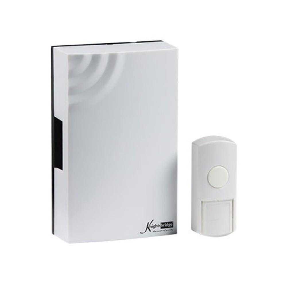 A white wireless mechanical door chime with a 'Ding Dong' sound, presented next to its packaging box.