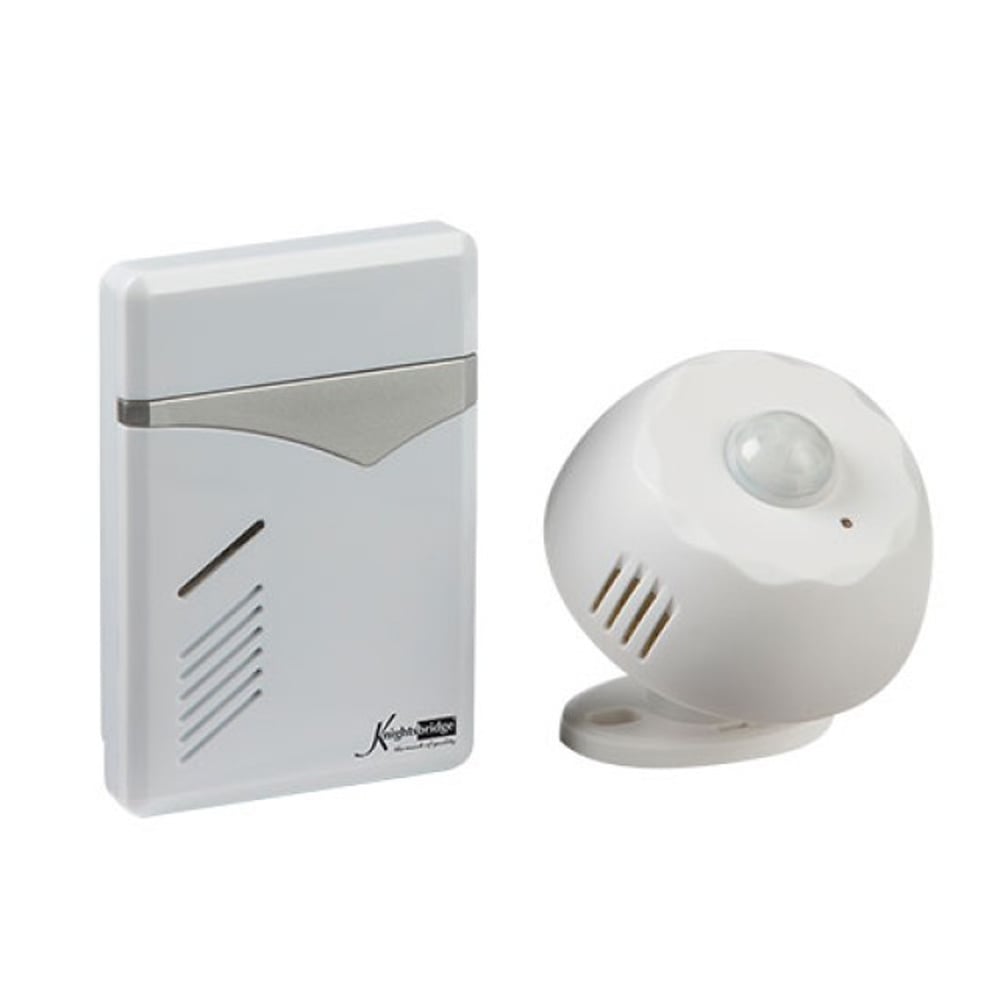 A white wireless PIR door chime consisting of a receiver unit and a PIR sensor. The receiver unit is rectangular with a slanted top surface, and the sensor has a dome-shaped design with a sensor module visible.