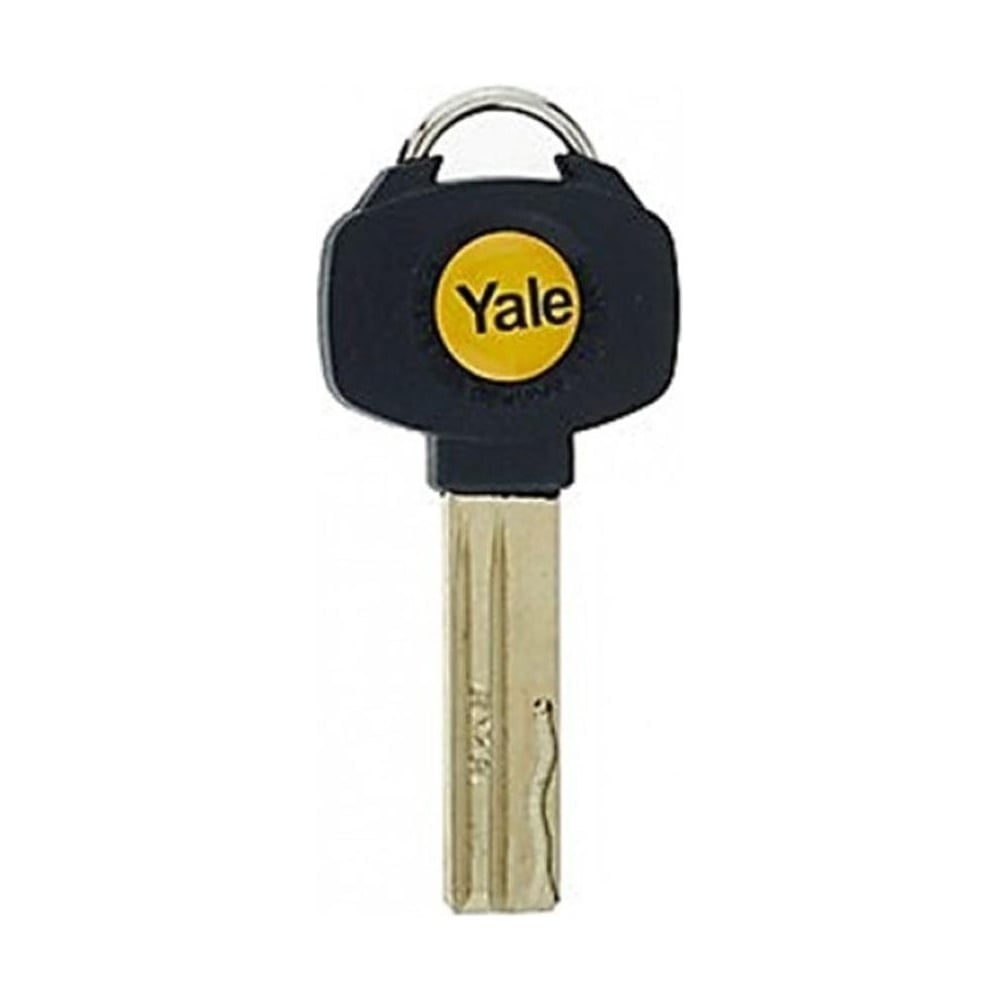 A gold-colored metal key with a black plastic key cap featuring the Yale brand logo in yellow and white.