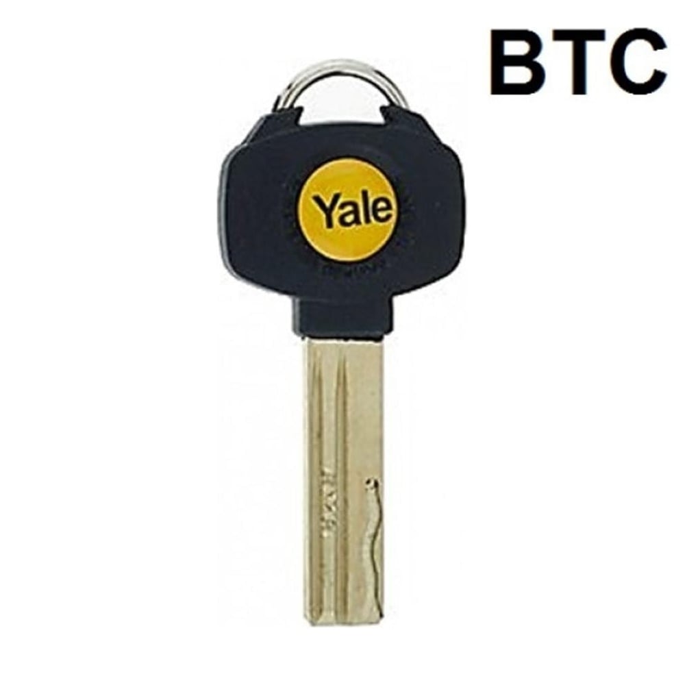 A key blank with the Yale brand logo on the top part, marked 'BTC' on the side, against a white background.