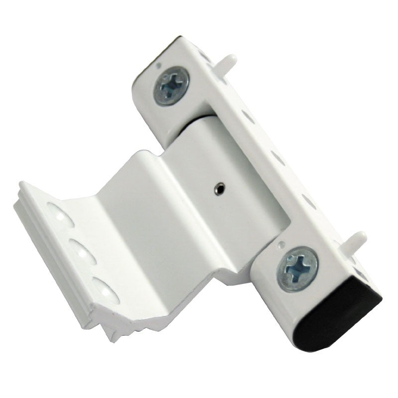 A white metal door hinge with visible screw eyes, against a plain background.