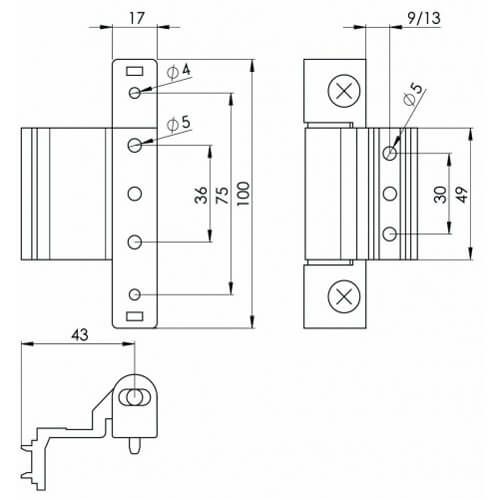 "Technical drawing of a surface-mounted lock showing front, side, and bottom views with detailed measurements. Key dimensions include a 100mm height, 75mm main body length, 43mm bottom projection, and multiple hole placements with diameters of 4mm and 5mm