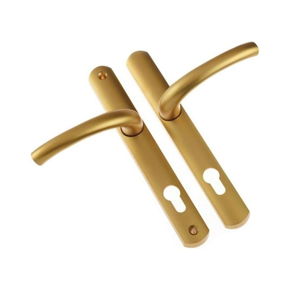 A satin gold Yale Superior long backplate handle set for doors, with a sleek modern design.