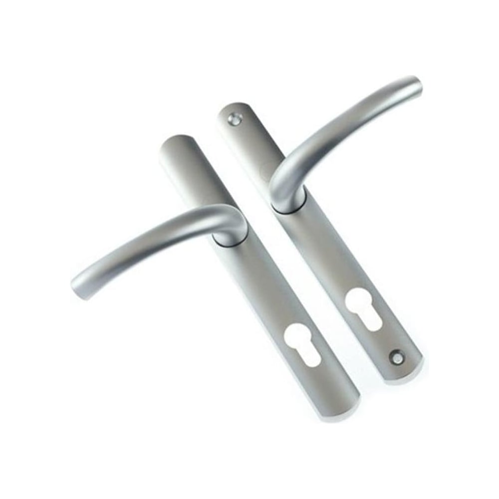 Pair of satin silver Yale Superior door handles with long backplates and euro cylinder cutouts, designed for front or back uPVC doors with a premium finish.