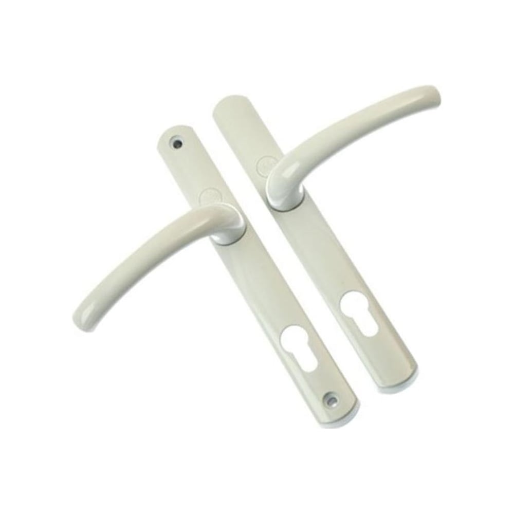 A set of white door handles with a backplate, suitable for uPVC and composite doors.