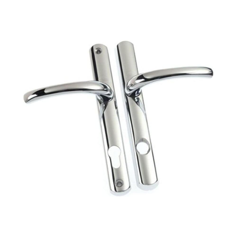 A pair of polished chrome security handles for doors.