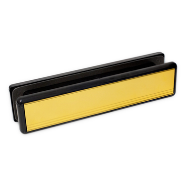 A gold-colored Yale UPVC door letterbox with a telescopic sleeve and spring-loaded aluminum flap, displayed against a plain background.