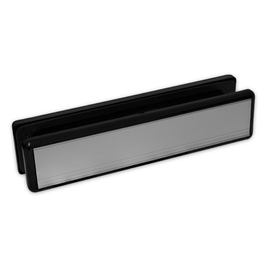 A silver-colored Yale UPVC door letterbox with smooth round edges.
