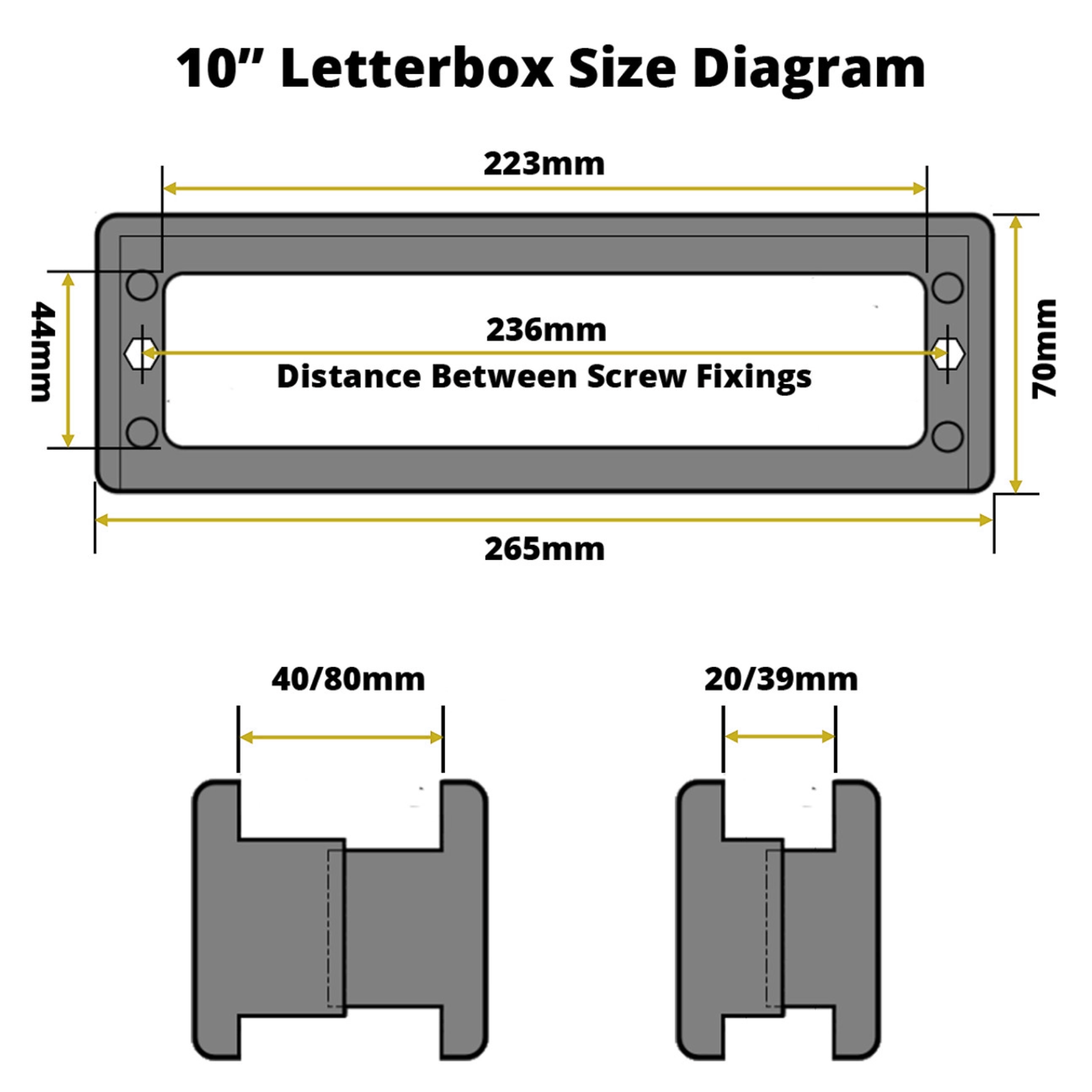 Diagram of a 10-inch letterbox with full measurements