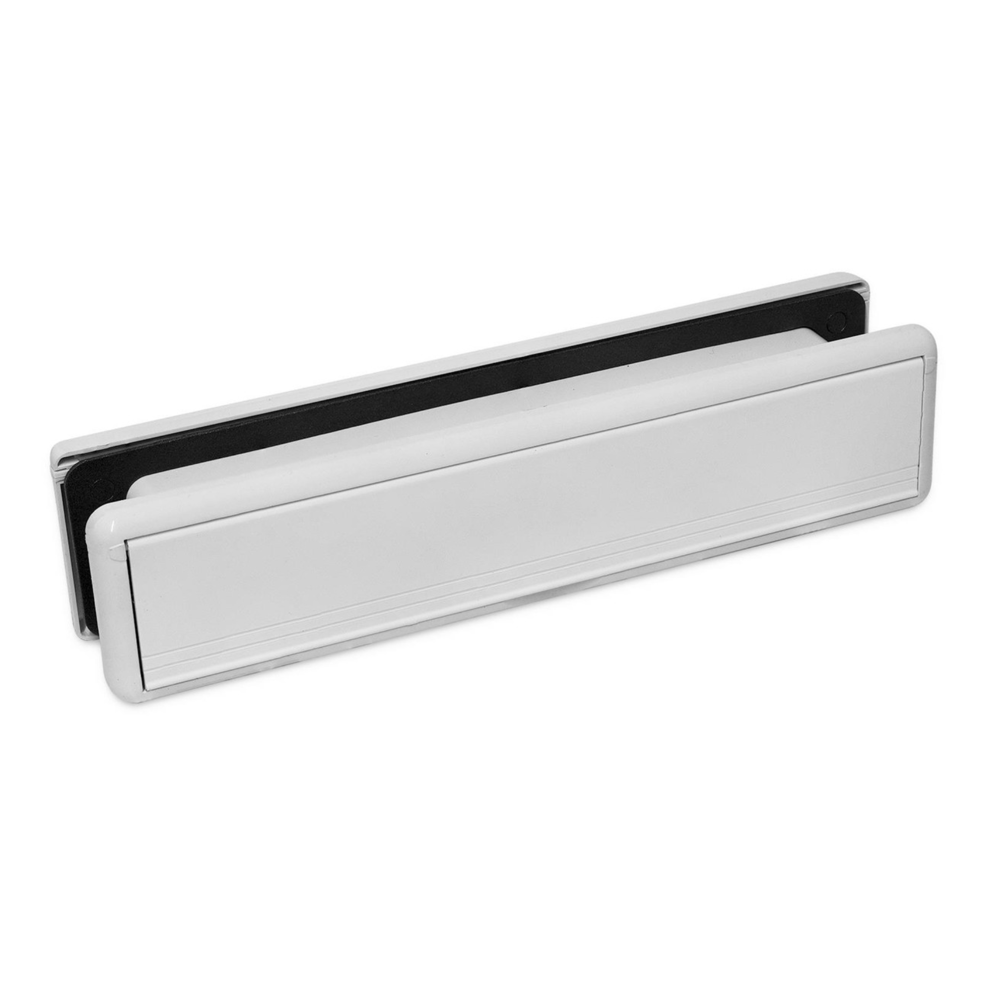 A white UPVC door letterbox with a spring-loaded aluminum flap, manufactured by Yale.