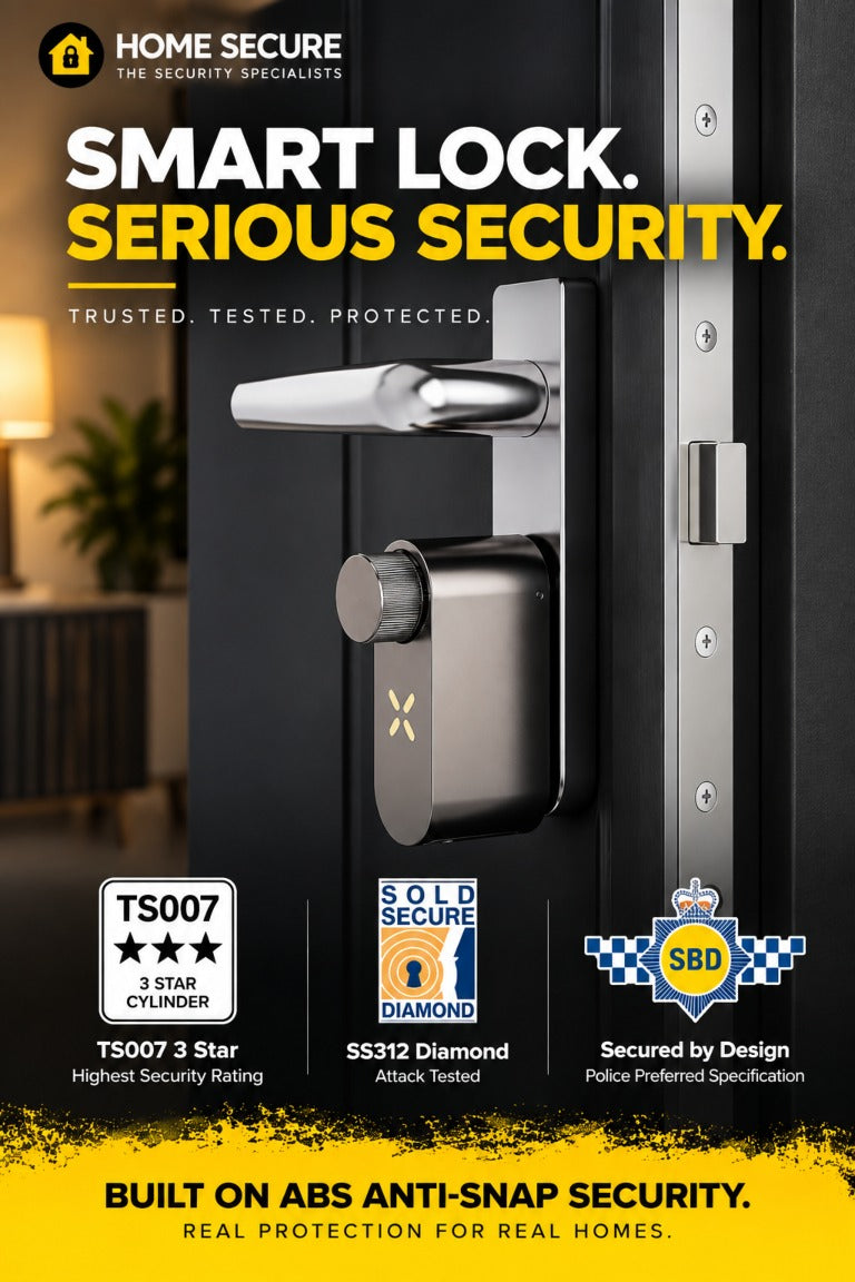 Black X smart lock fitted to a front door with TS007 3 Star, SS312 Diamond and Secured by Design security certifications.